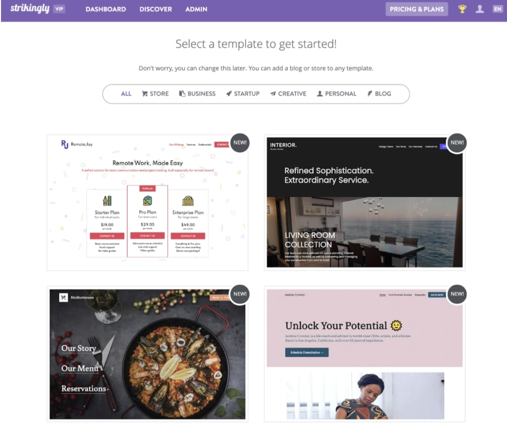 Strikingly Template Selection Strikingly Template Selection